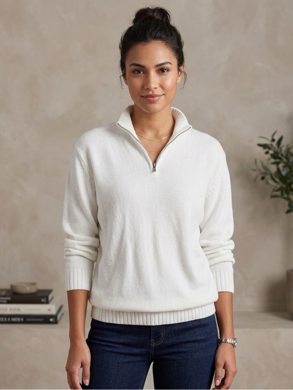 Great Northwest Clothing Company White Cotton Quarter-Zip Sweater